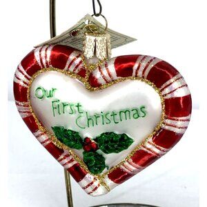 Old World Christmas Our First Christmas Peppermint Heart Blown Glass Ornament 3"